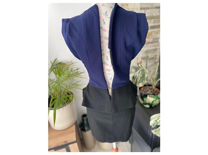 Abito Maje Bicolore Peplum Blu Navy e Nero - vista 6