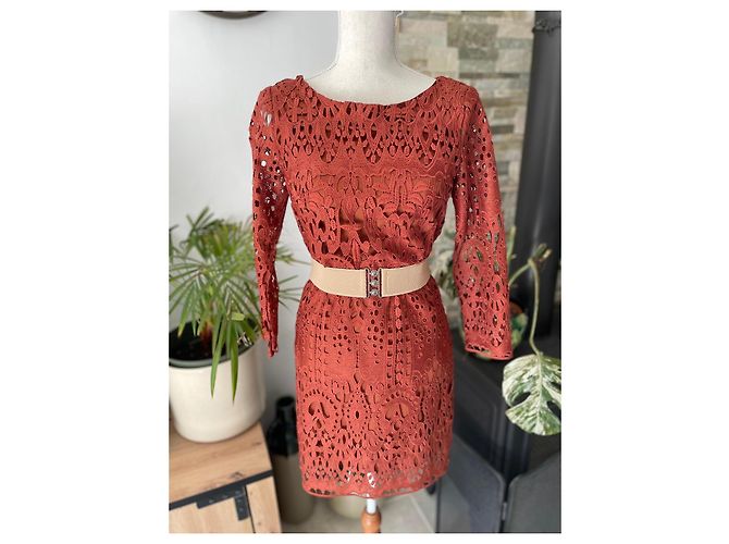 Autre Marque Vestido de encaje naranja quemado Burdeos - vista 8