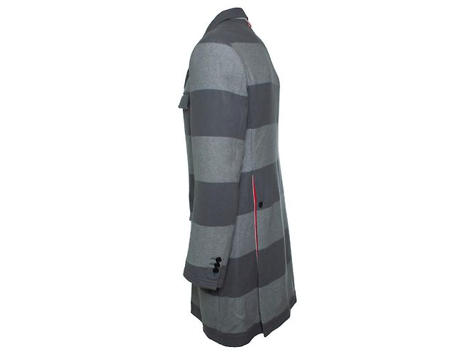 Thom Browne, striped wool coat in grey - view 3