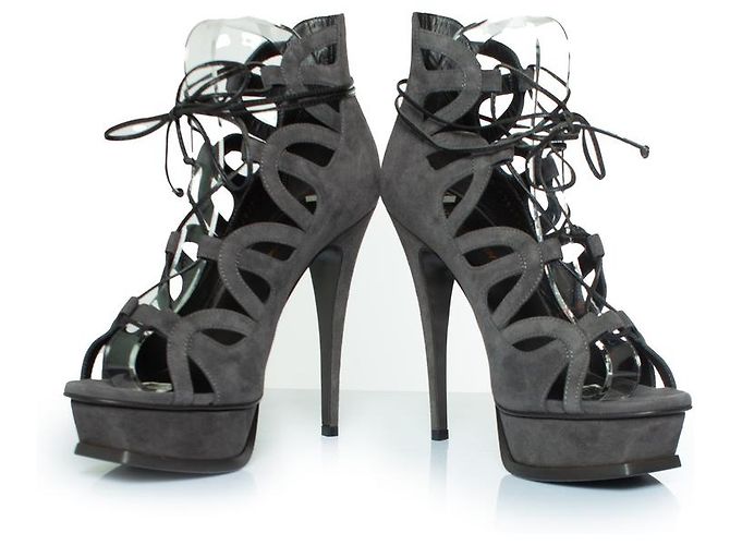 Saint Laurent, décolleté Tribute 16 in suede con lacci Grigio - vista 6