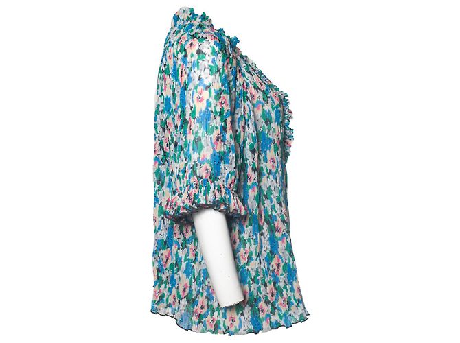 GANNI, blusa plisada con mangas 3/4 Azul - vista 3
