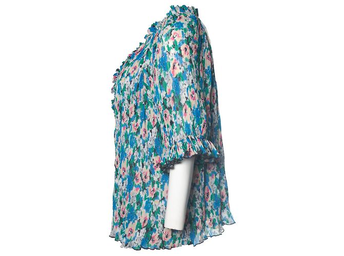 GANNI, blusa plisada con mangas 3/4 Azul - vista 4