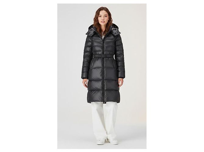 Burberry Casaco longo acolchoado com cinto para mulher em nylon preto com capuz destacável - vista 11