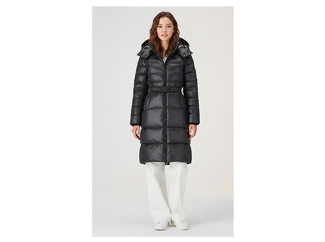 Burberry Casaco longo acolchoado com cinto para mulher em nylon preto com capuz destacável - vista 9