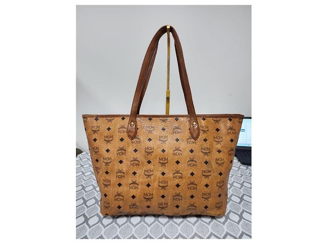Borsa tote a righe MCM Visetos color cognac - vista 3