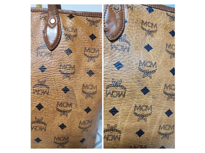 Borsa tote a righe MCM Visetos color cognac - vista 7