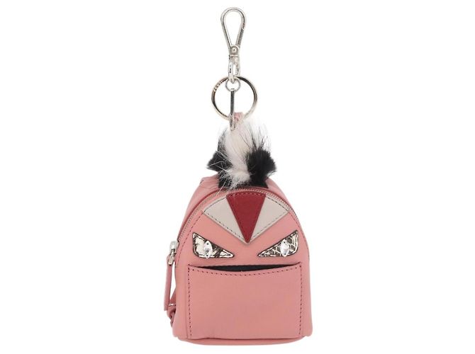 FENDI Mostro Occhi Portachiavi in Pelle Rosa Argento Auth 176072A - vista 13