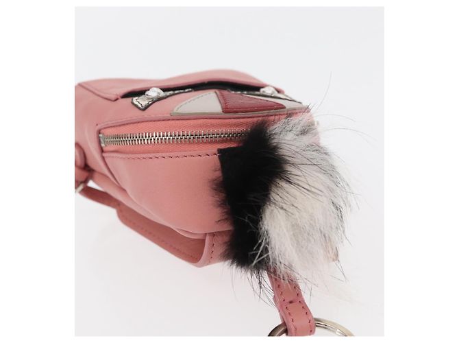 FENDI Mostro Occhi Portachiavi in Pelle Rosa Argento Auth 176072A - vista 6