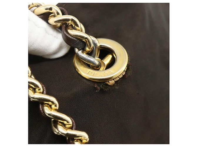 Borsa Tote in Nylon Marrone e Oro PRADA con Catena Auth bs34691 D'oro - vista 10