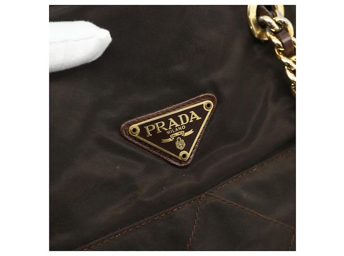 Borsa Tote in Nylon Marrone e Oro PRADA con Catena Auth bs34691 D'oro - vista 17