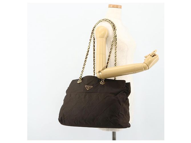 Borsa Tote in Nylon Marrone e Oro PRADA con Catena Auth bs34691 D'oro - vista 26