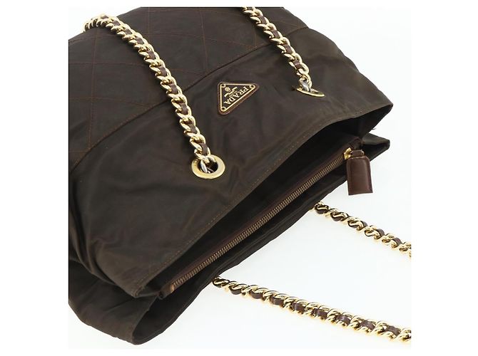Borsa Tote in Nylon Marrone e Oro PRADA con Catena Auth bs34691 D'oro - vista 6