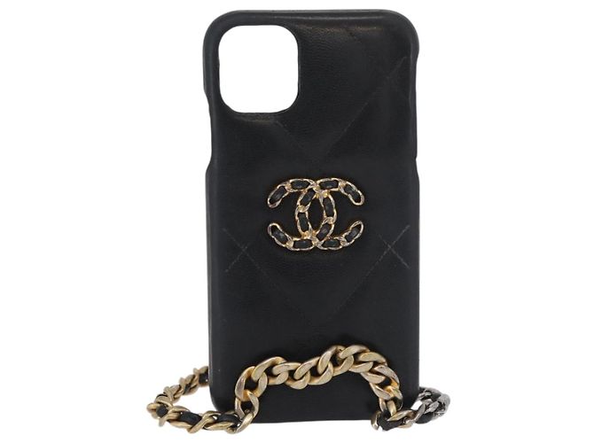 CHANEL Matelassé Corrente Capa para iPhone Bolsa Couro de Cordeiro Preto Ouro CC Auth BA12149A Dourado - vista 13