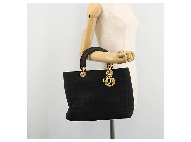 Christian Dior Borsa Lady Dior in nylon nero e oro Auth 168872 D'oro - vista 24