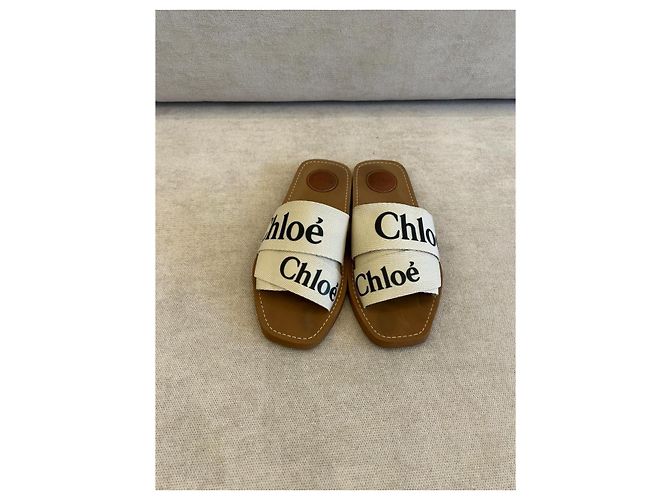 Sandali Chloé Woody in tela di lino beige - vista 2