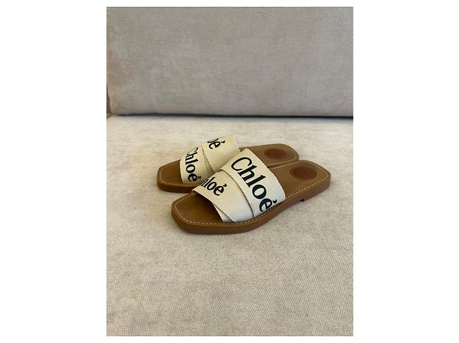 Sandali Chloé Woody in tela di lino beige - vista 5