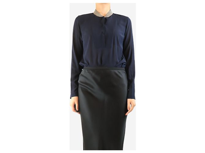 Brunello Cucinelli Blusa de seda azul marino - talla S - vista 3