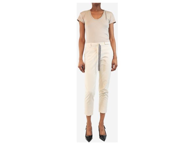 Brunello Cucinelli Pantalones blancos de pierna ajustada con cinturón de diamantes - talla UK 6 - vista 2