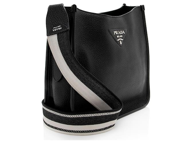 Prada Vitello Daino Logo Medium Soft Hobo Nero - vista 2