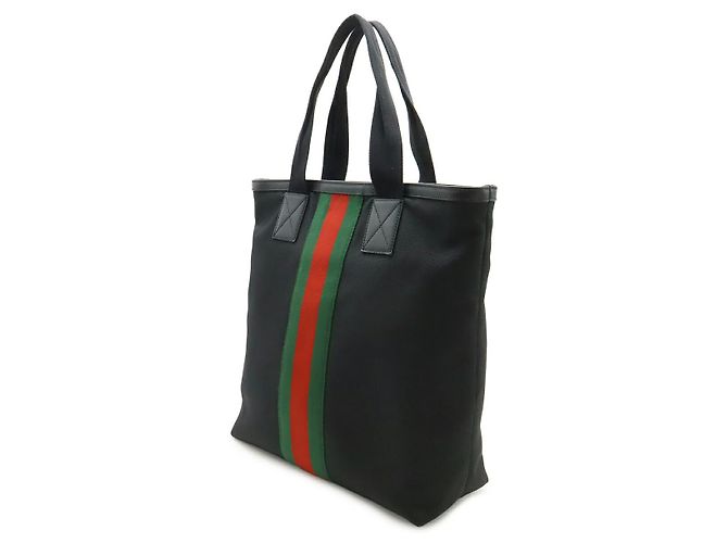 Gucci Nylon Canvas Leder Web Stripe Tote Bag Schwarz - Ansicht 2