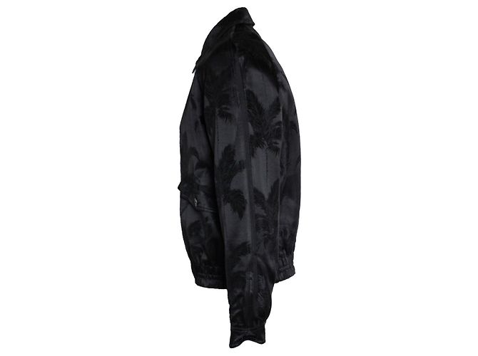 Saint Laurent, Schwarze Satin-Bomberjacke mit Palmendruck - Ansicht 2