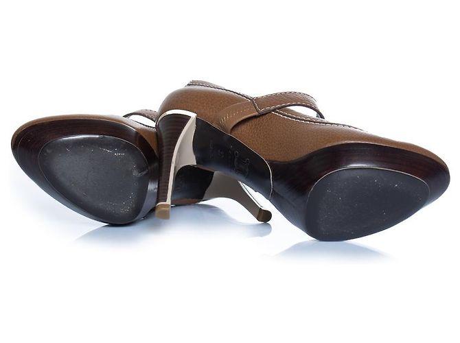 Céline Celine, Zapato de tacón de cuero con plataforma y correa en marrón Castaño - vista 7