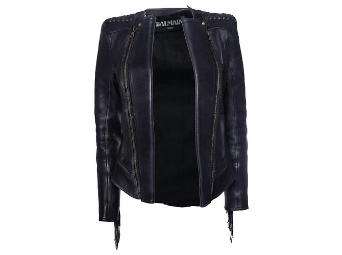 Balmain Leder-Bikerjacke mit Fransen Schwarz - Ansicht 2