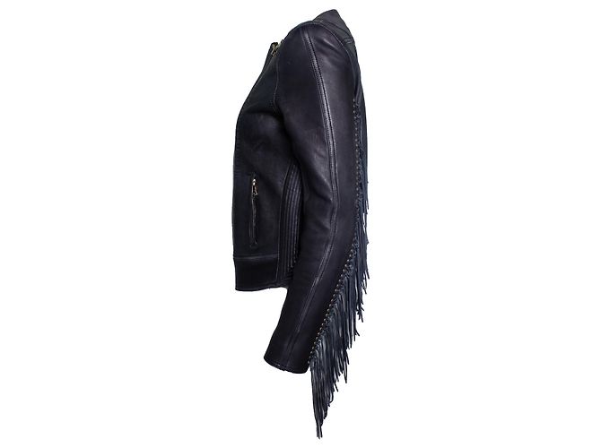 Balmain Leder-Bikerjacke mit Fransen Schwarz - Ansicht 3
