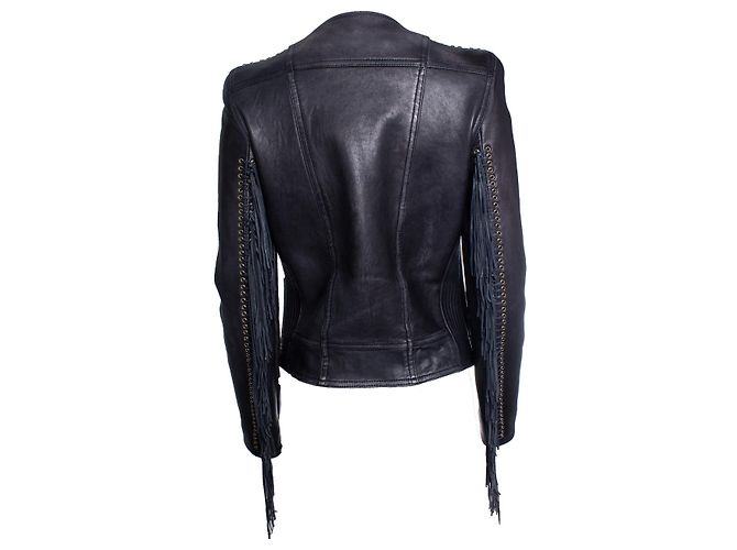 Balmain Leder-Bikerjacke mit Fransen Schwarz - Ansicht 4