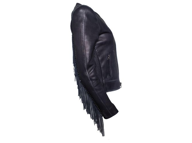 Balmain Leder-Bikerjacke mit Fransen Schwarz - Ansicht 5