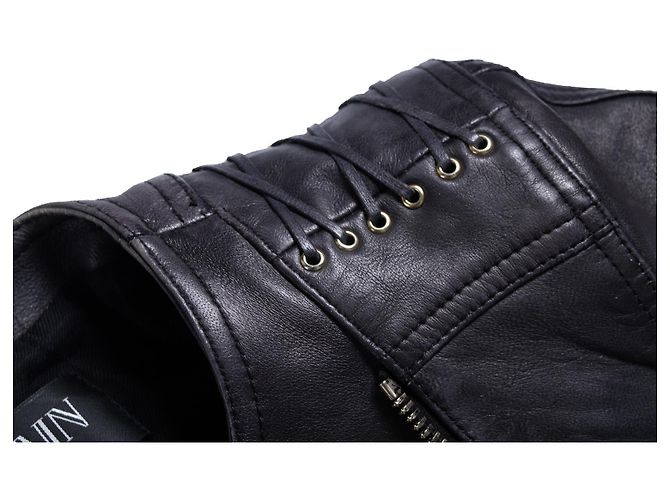 Balmain Leder-Bikerjacke mit Fransen Schwarz - Ansicht 8