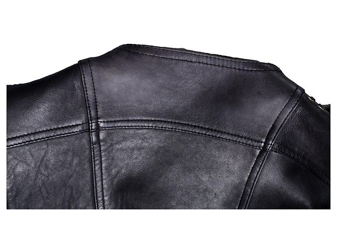 Balmain Leder-Bikerjacke mit Fransen Schwarz - Ansicht 9