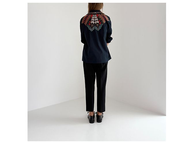 Giacca camicia ricamata Dries Van Noten blu notte in cotone pezzo statement Blu navy - vista 9