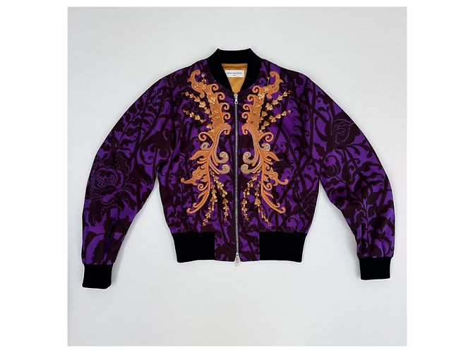 Chaqueta bomber bordada Look 38 de Dries Van Noten Primavera 2016 Negro Naranja Púrpura - vista 4