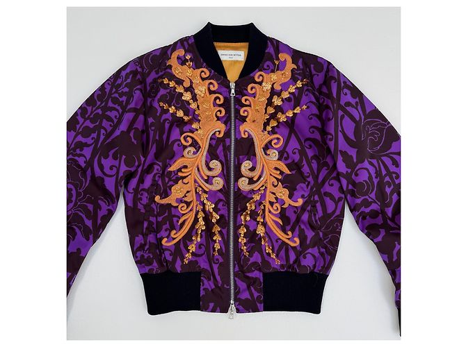 Chaqueta bomber bordada Look 38 de Dries Van Noten Primavera 2016 Negro Naranja Púrpura - vista 7