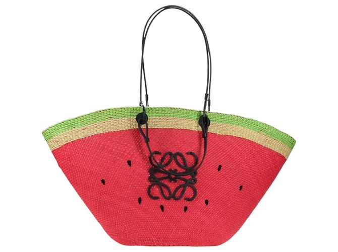 Sac Tote Watermelon LOEWE en raphia 2 en 1 Rouge Auth 178041SM - vue 13