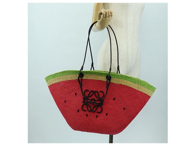 Sac Tote Watermelon LOEWE en raphia 2 en 1 Rouge Auth 178041SM - vue 22