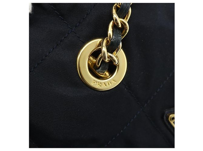 Tote Sac à main en nylon PRADA avec chaîne, bleu marine, doré, authentique 177788 - vue 15