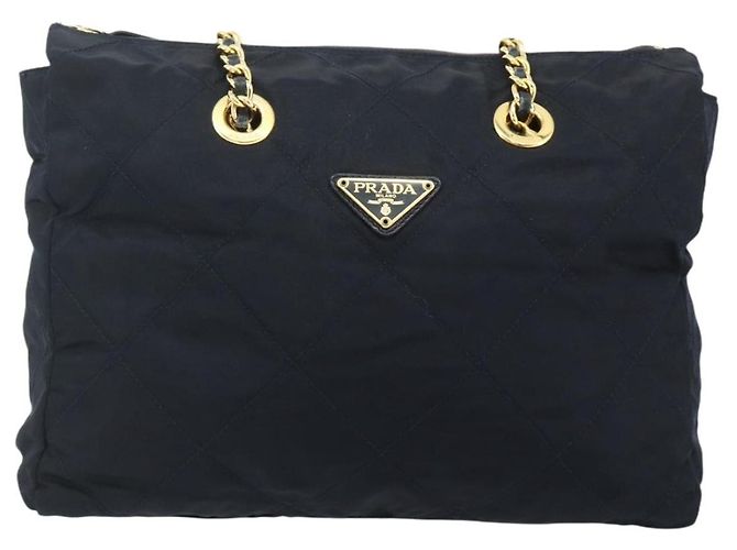 Tote Sac à main en nylon PRADA avec chaîne, bleu marine, doré, authentique 177788 - vue 2