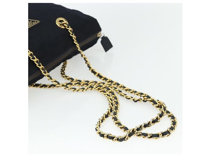Tote Sac à main en nylon PRADA avec chaîne, bleu marine, doré, authentique 177788 - vue 7