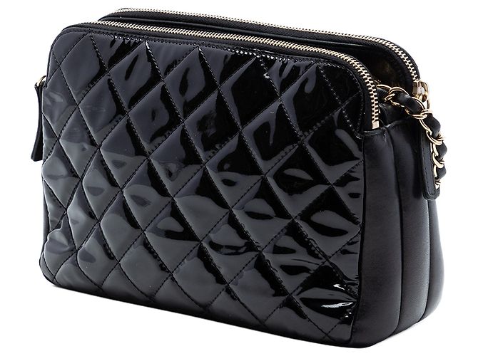 Bolso de cámara de doble cremallera en cuero charolado matelassé CC de Chanel Negro - vista 2