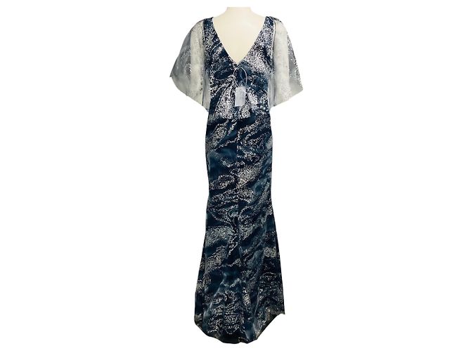 Autre Marque Abito formale in tulle glitterato blu navy / argento con maniche a cappuccio Marchesa Notte - vista 3