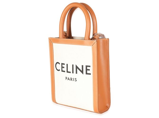Céline Bolsa Cabas Mini Vertical em Lona Natural e Couro de Bezerro Celine Bege - vista 3