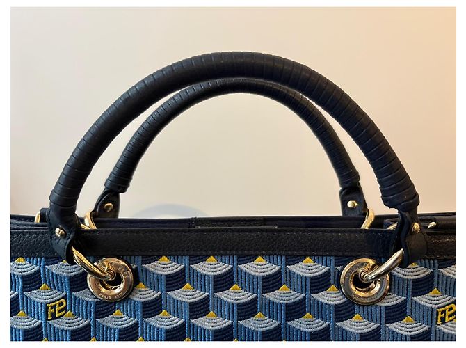 Fauré Le Page SagaCity 31 Blau Jacquard & Leder Handtasche Gelb Marineblau Dunkelblau - Ansicht 12