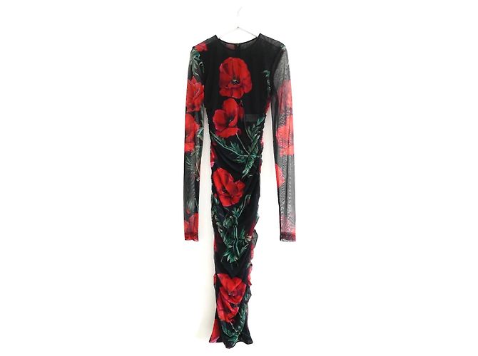 Schwarz gemustertes Midi-Kleid aus gerafftem Mesh von Dolce & Gabbana Rot - Ansicht 2
