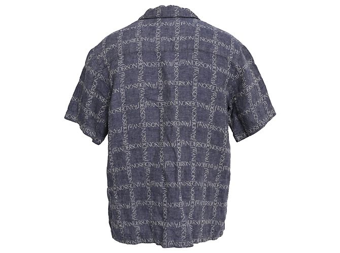 Camicia button-down in lino blu con logo jacquard Jw Anderson - vista 3
