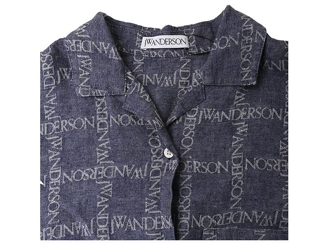 Camicia button-down in lino blu con logo jacquard Jw Anderson - vista 5