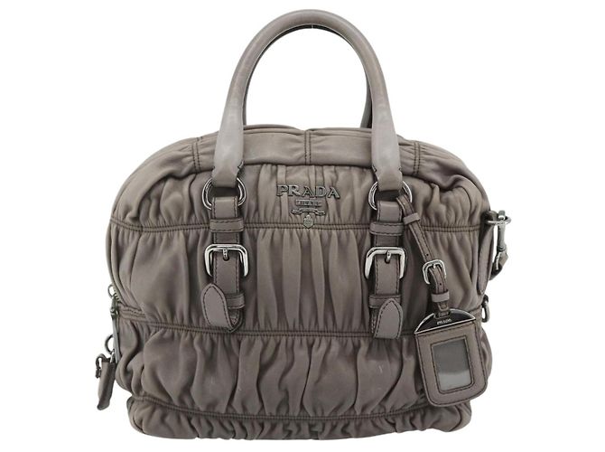 PRADA Geraffte Handtasche aus Leder 2-Wege Grau Silber Auth 178080A Braun - Ansicht 13