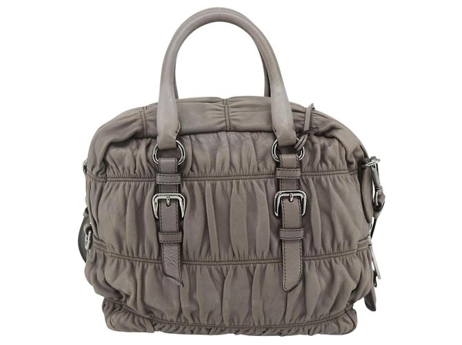 PRADA Geraffte Handtasche aus Leder 2-Wege Grau Silber Auth 178080A Braun - Ansicht 2