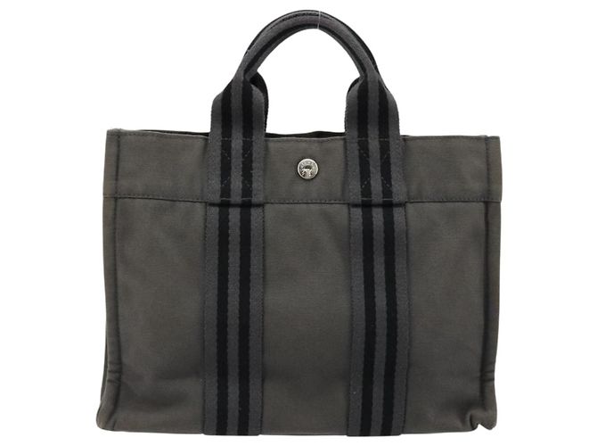 Hermès HERMES Fourre ToutPM Borsa a Mano Cotone Grigio Argento Auth fm5317 Marrone - vista 2